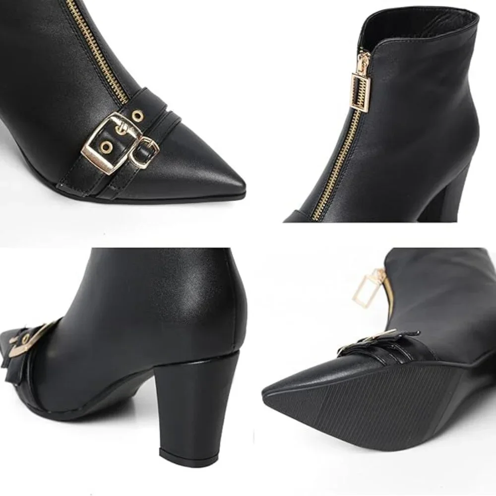 Pointed Toe Kitten Heel Boots-Women Black Booties Rivets Ankle Boot Fashion Shoe - Picture 5 of 5